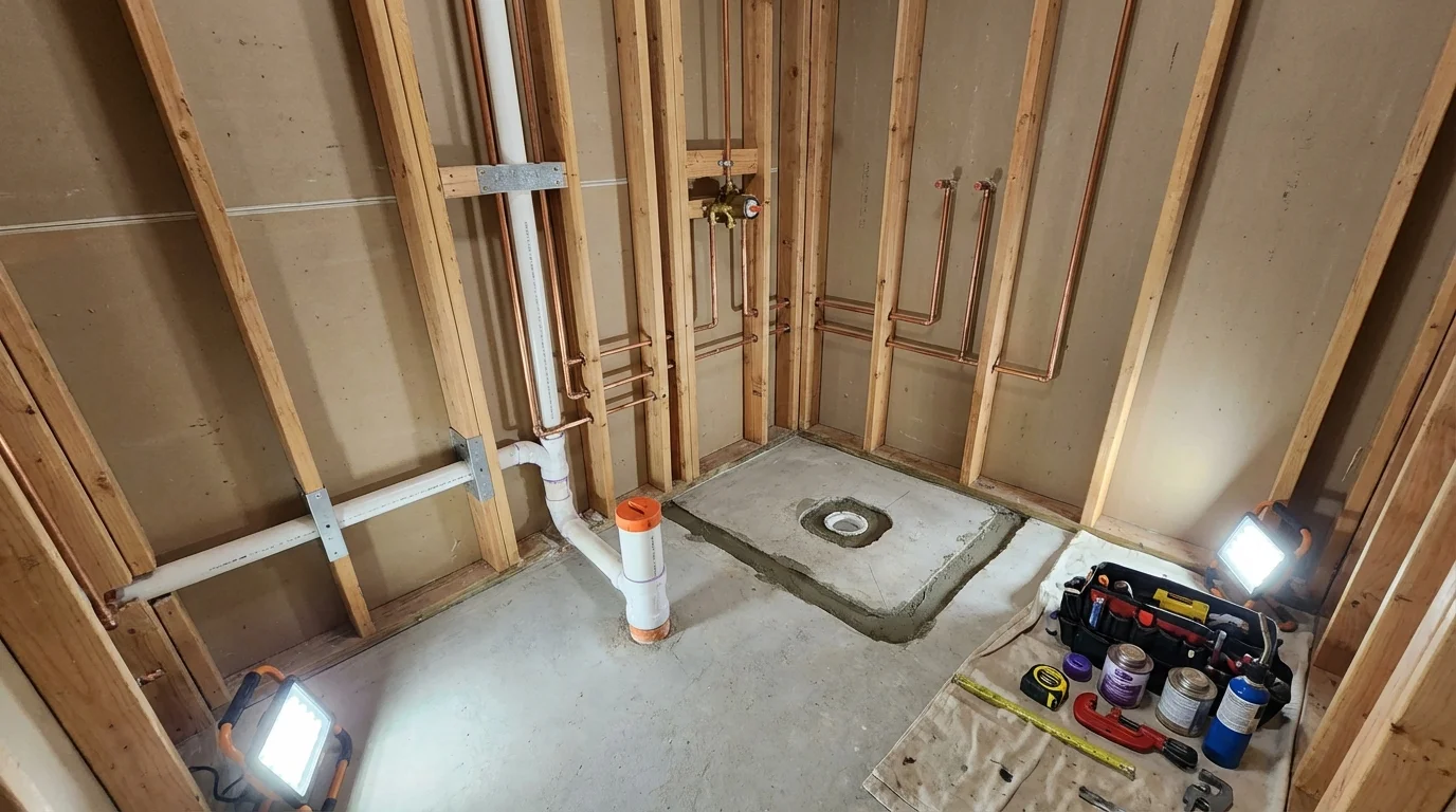 Bathroom rough-in plumbing during remodel by Johns Plumbing LLC in Annandale