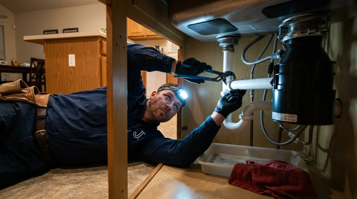 P-trap and supply line connections under a kitchen sink showing a common leak point in Annandale, NJ